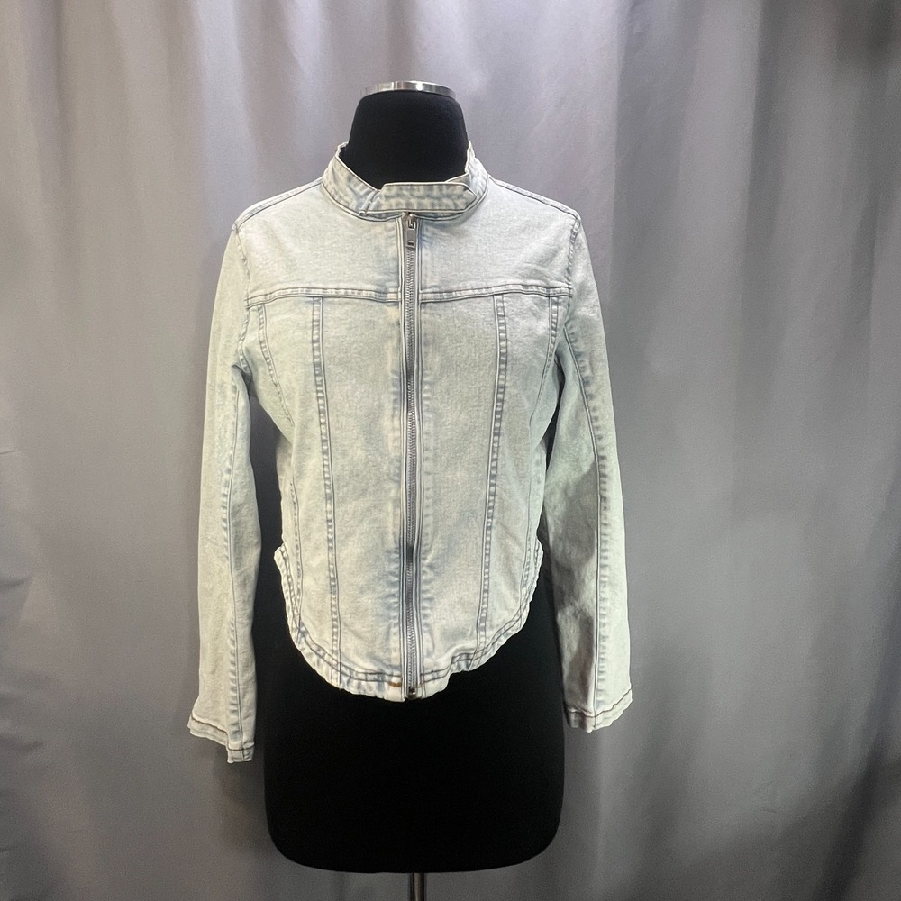 Reserve Fairfax Denim Moto Jacket Womens Medium Blue Cotton Full Zip Corset Hem